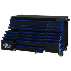 RX Series 72 in. 19 -Drawer Roller Cabinet Tool Chest in Black with Blue Handles by Extreme Tools -SUNEX TOOLS Sales Store black gloss powder coat finish with blue anodized drawer pulls extreme tools tool cabinets rx722519rcbkbu x c3 1000