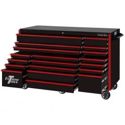 72 in. 19-Drawer Roller Cabinet Tool Chest in Black with Red Drawer Pulls by Extreme Tools -SUNEX TOOLS Sales Store black gloss powder coat finish with red anodized drawer pulls extreme tools tool cabinets rx723019rcbkrd 250 c3 1000