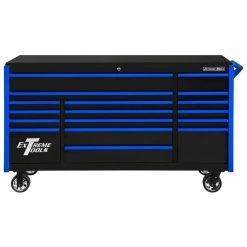 EXQ 72 in. 17-Drawer Black Professional Triple Bank Roller Cabinet 300 lbs. Slides with Blue Drawer Pulls by Extreme Tools