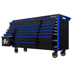 EXQ 72 in. 17-Drawer Black Professional Triple Bank Roller Cabinet 300 lbs. Slides with Blue Drawer Pulls by Extreme Tools -SUNEX TOOLS Sales Store black gloss powder coat with blue drawer pulls and trim extreme tools tool cabinets ex7217rcqbkbl c3 1000