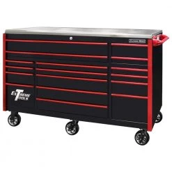 EXQ 72 in. 17-Drawer Black Professional Triple Bank Roller Cabinet 300 lbs. Slides with Red Drawer Pulls by Extreme Tools