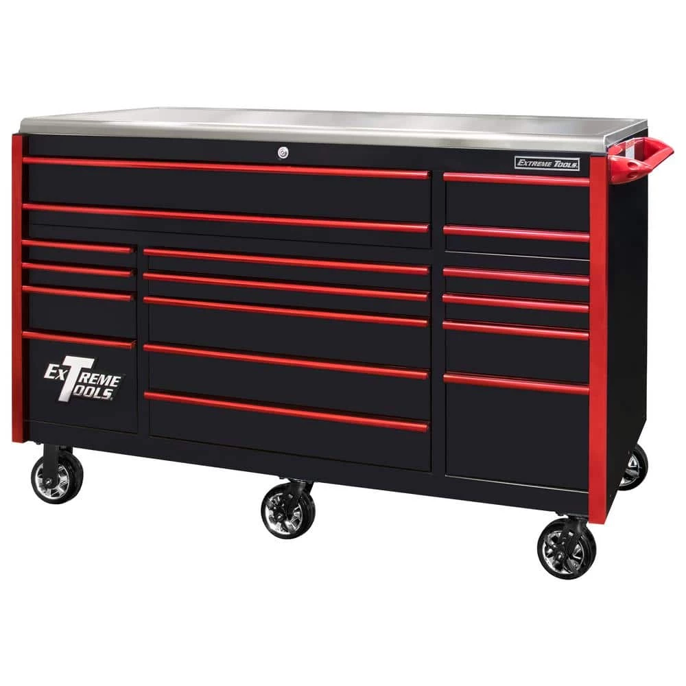EXQ 72 in. 17-Drawer Black Professional Triple Bank Roller Cabinet 300 lbs. Slides with Red Drawer Pulls by Extreme Tools 3 EXQ 72 in. 17-Drawer Black Professional Triple Bank Roller Cabinet 300 lbs. Slides with Red Drawer Pulls by Extreme Tools