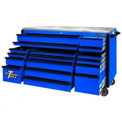 EXQ 72 in. 17-Drawer Blue Professional Triple Bank Roller Cabinet Tool Chest with Black Drawer Pulls by Extreme Tools -SUNEX TOOLS Sales Store blue gloss powder coat finish with black anodized drawer pulls extreme tools tool cabinets ex7217rcqblbk c3 1000