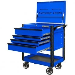 Professional 33 in. Deluxe 4-Drawer Tool Utility Cart with Bumpers in Blue by Extreme Tools -SUNEX TOOLS Sales Store blue gloss powder coat finish with black anodized drawer pulls extreme tools tool carts ex3304tcblbk 77 1000