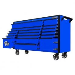 DX Series 72 in. 17-Drawer Roller Cabinet Tool Chest in Blue with Mag Wheels and Black Drawer Pulls by Extreme Tools -SUNEX TOOLS Sales Store blue gloss powder coat finish with black powder coated drawer pulls extreme tools tool cabinets dx722117rcblbk c3 1000