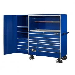55 in. Power Workstation Professional Hutch with Stainless Steel Shelf and Work Surface in Blue by Extreme Tools -SUNEX TOOLS Sales Store blue gloss powder coat finish with chrome handles extreme tools top tool chests ex5501hcbl 31 1000
