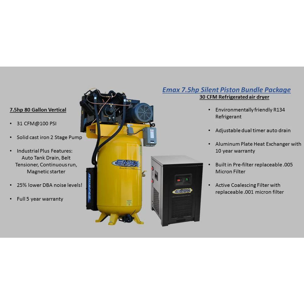 Industrial PLUS 80 Gal. 7.5HP 208-Volt 3-Phase 2-Stage Silent Air Electric Pressure Lube Air Compressor and 30 CFM Dryer by EMAX 8 Industrial PLUS 80 Gal. 7.5HP 208-Volt 3-Phase 2-Stage Silent Air Electric Pressure Lube Air Compressor and 30 CFM Dryer by EMAX - Image 6