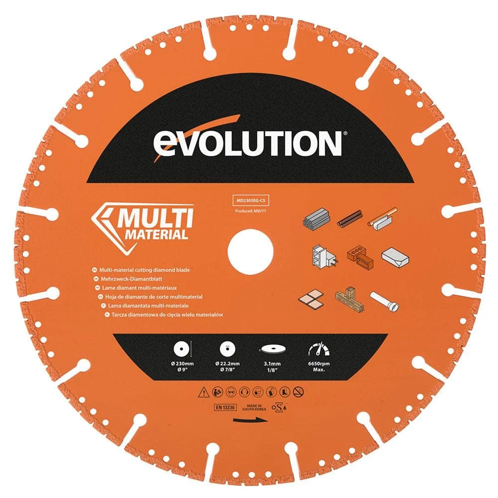 9 in. Segmented Edge, 7/8 in. Arbor, Multi-Purpose, Metal Cutting Diamond Blade by Evolution Power Tools 2 9 in. Segmented Edge, 7/8 in. Arbor, Multi-Purpose, Metal Cutting Diamond Blade by Evolution Power Tools