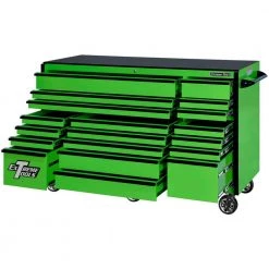72 in. 19-Drawer Roller Cabinet Tool Chest in Green with Black Drawer Pulls by Extreme Tools -SUNEX TOOLS Sales Store green gloss powder coat finish with black anodized drawer pulls extreme tools tool cabinets rx723019rcgnbk 250 c3 1000