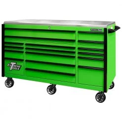 EXQ 72 in. 17-Drawer Green Professional Triple Bank Roller Cabinet 300 lbs. Slides with Black Drawer Pulls by Extreme Tools