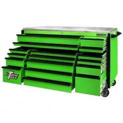 EXQ 72 in. 17-Drawer Green Professional Triple Bank Roller Cabinet 300 lbs. Slides with Black Drawer Pulls by Extreme Tools -SUNEX TOOLS Sales Store green gloss powder coat with black drawer pulls and trim extreme tools tool cabinets ex7217rcqgnbk c3 1000