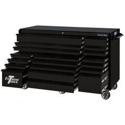 72 in. 19-Drawer Roller Cabinet Tool Chest in Matte Black with Black Drawer Pulls by Extreme Tools -SUNEX TOOLS Sales Store matte black powder coat finish with black anodized drawer pulls extreme tools tool cabinets rx723019rcmbbk 250 c3 1000